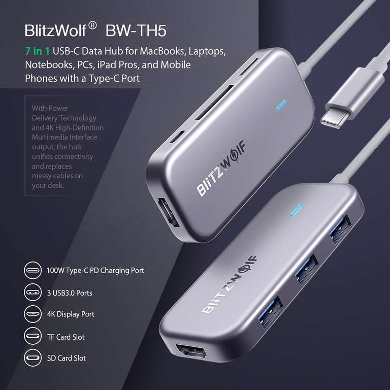 BlitzWolf BW-TH5 7 in 1 USB-C Hub voor €16,41 met kortingscode @ Banggood