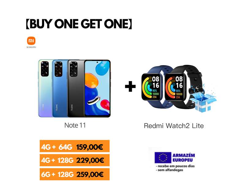 Xiaomi Redmi Note 11 + Redmi watch2 lite voor €189 / €209 @ Gshopper