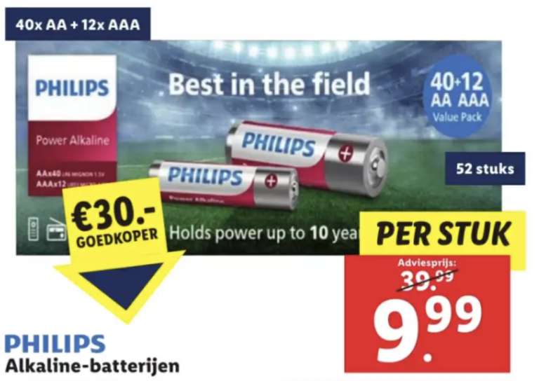 Philips Power Alkaline (19 cent per stuk) 52 stuks: 40xAA + 12xAAA