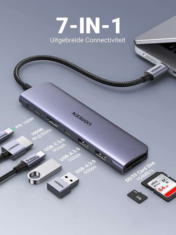 UGREEN USB C hub met 4K HDMI, 100W PD, USB C en 2 USB A 3.0
