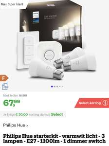 [Bol.com Select-deal] Philips Hue starterkit - warmwit licht - 3 lampen - E27 - 1100lm - 1 dimmer switch
