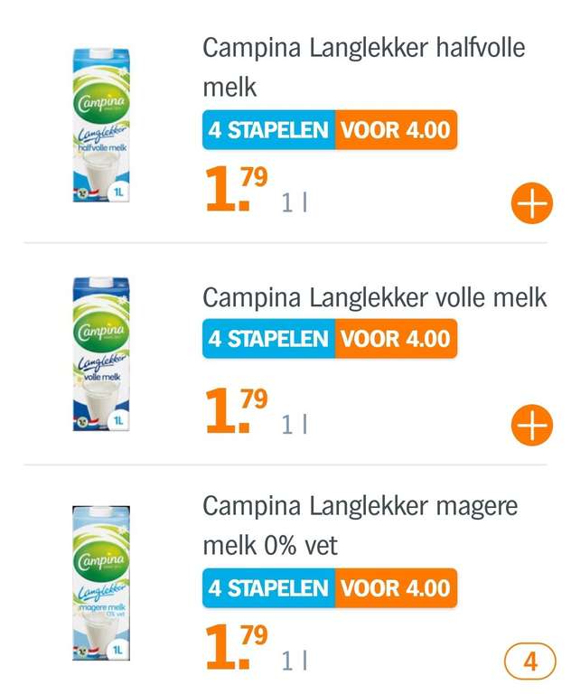 Campina Langlekker melk; 4 voor 4 euro!