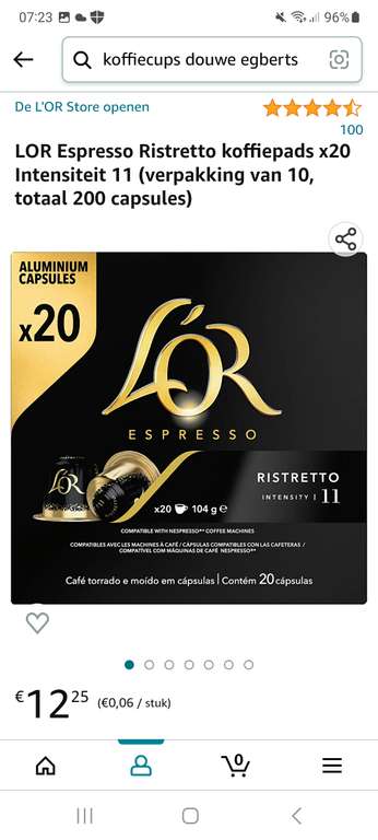 LOR Espresso Ristretto koffiepads x20 Intensiteit 11 (verpakking van 10, totaal 200 capsules)