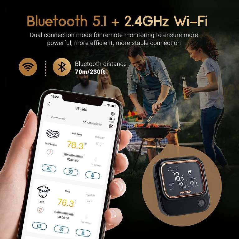 INKBIRD IBT-26S, Bluetooth&WiFi BBQ-thermometer, APP-bediening, alarm en Timer, Oplaadbaar, 4 sondes, Geschikt voor Oven, Barbecue [PRIME]