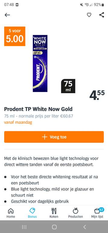 5x prodent TP white now Gold of 5x white now detox voor €5