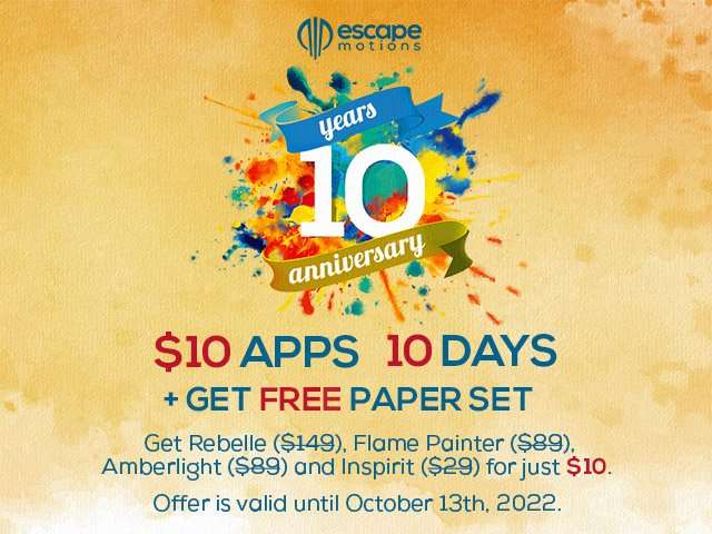 Escape Motions 10 Year anniversary sale, 10 dagen apps voor $/Eu 10, o.a. Rebelle Pro 5 is 10 Euro