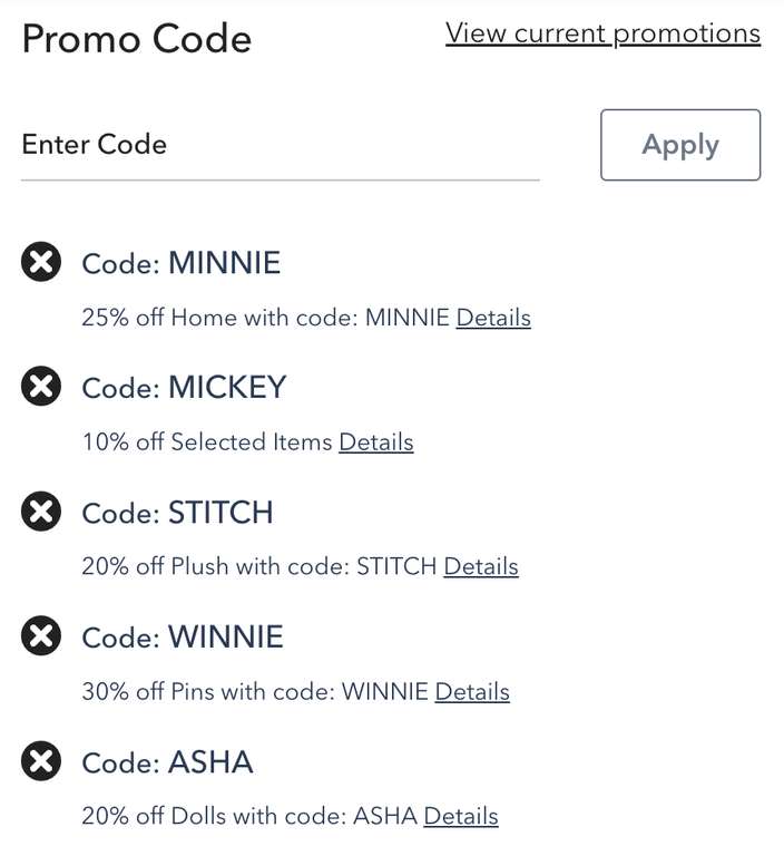 Verschillende kortingscodes voor verschillende producten @ Disney Store