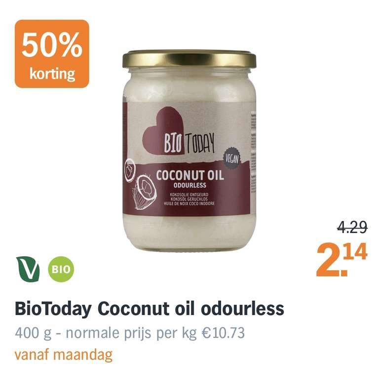 Biologische kokosolie €5,35 per liter (Biotoday AH)