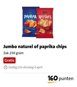 Jumbo Extra's chips 250g voor 160 punten en pinda's 250g voor 140 punten