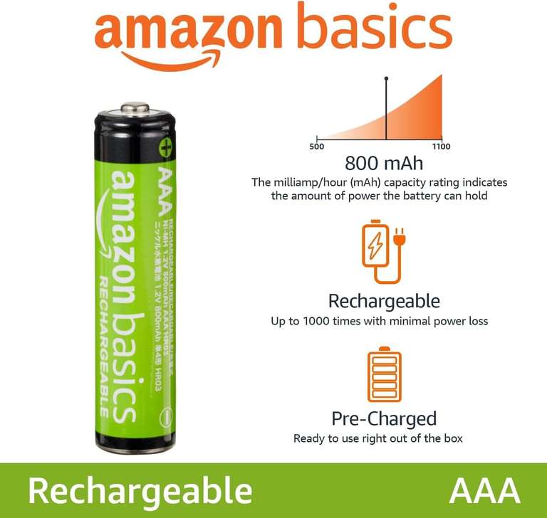 16 oplaadbare AAA-batterijen, Amazon Basics. 800 mAh