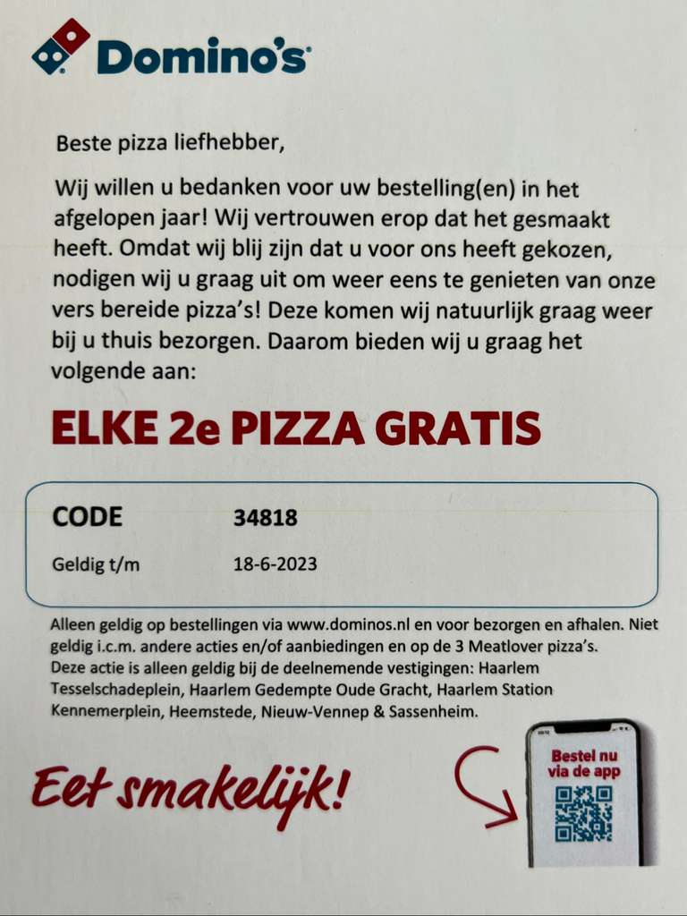 Klagen Gehoorzaam streepje Lokaal] Haarlem E.O. Domino's 2e pizza gratis - Pepper.com
