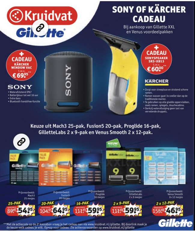 [kruidvat] Bij aankoop van Gillette XXL en venus voordeelpakken. Gratis een Sony speaker of karcher cadeau!