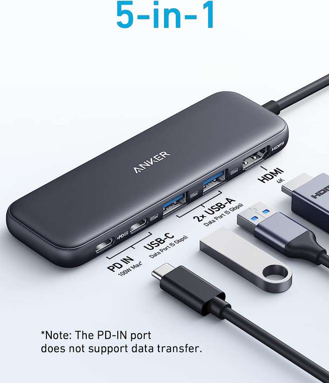 Anker USB-C Hub 332 5-in-1 (1x 4K HDMI-poort, 1x USB-C, 2x USB-A-poorten, 1x 100 W PD-IN-poort) voor €22,49 @ Amazon NL
