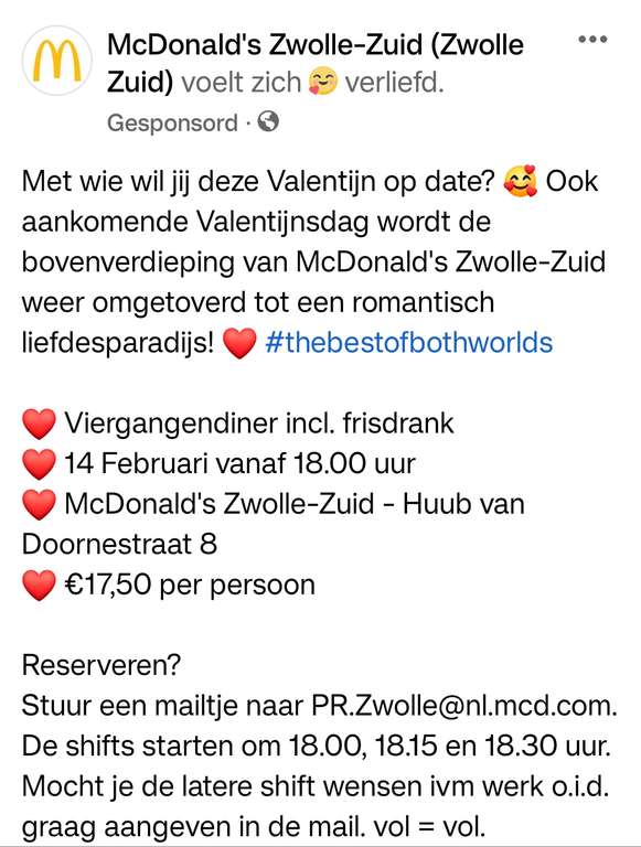 [Zwolle] Romantisch dineren bij restaurant de gouden bogen op Valentijnsdag (McDonald's)
