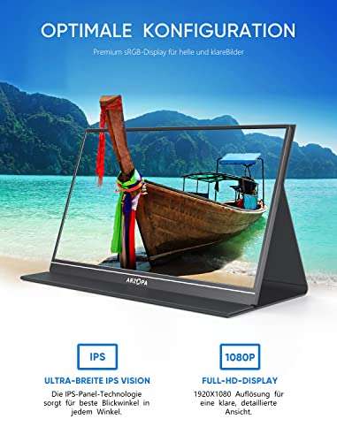 ARZOPA Draagbare monitor, 15,6 inch 1080 FHD draagbare monitor met extern HDR Eye Care Screen en HDMI/Type-C/USB-C,.