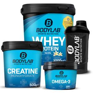 Whey Protein 1kg + Creatine Powder 500g + 120 Omega-3 capsules + shaker voor €34,96 incl. verzending @ Bodylab