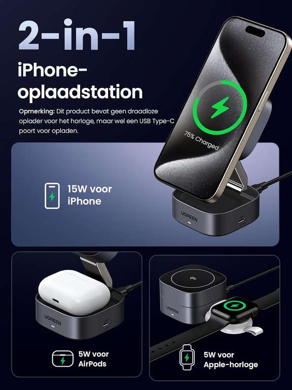 UGREEN 2-in-1 Qi2 Magnetisch opvouwbaar 15W iPhone-oplaadstation