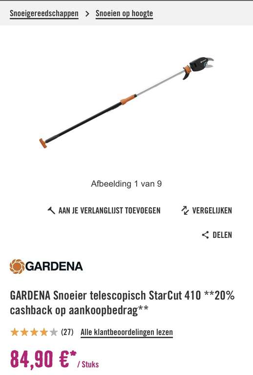 €67,92 na 20% cashback op de Gardena Starcut 410 plus (cashback op alle Gardena snoeigereedschap)