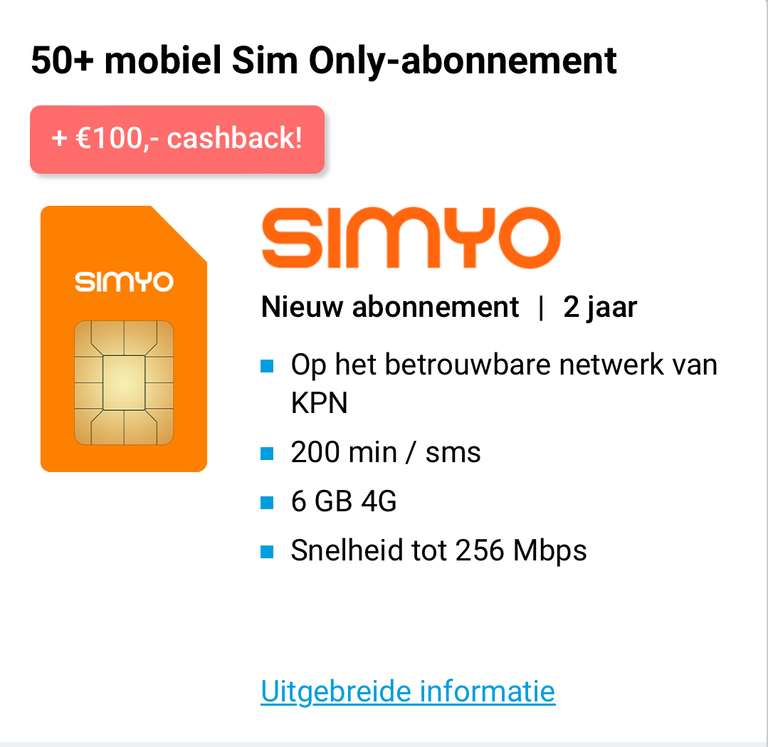 €100, - Cashback bij Simyo Sim Only via Belsimpel 2 jarige abonnement