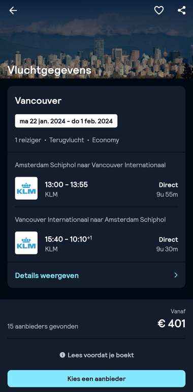 KLM directe retourvlucht Vancouver 22 Jan tot 1 februari 2024