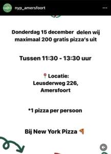 15 december tussen 11:30-13:30 gratis pizza bij New York Pizza Amersfoort
