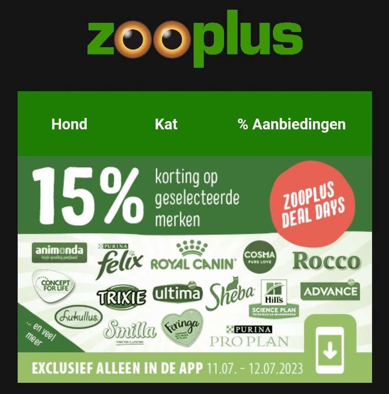 Zooplus 15% korting op geselecteerde merken