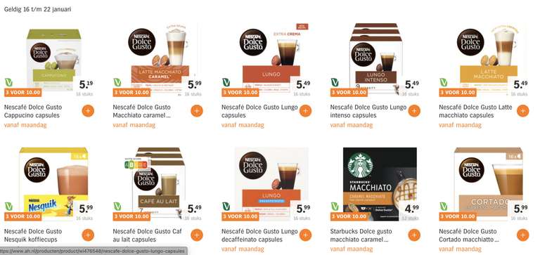 [Albert Heijn] Nescafé & Starbucks Dolce Gusto (12-16 stuks), 3 pakken voor 10 €