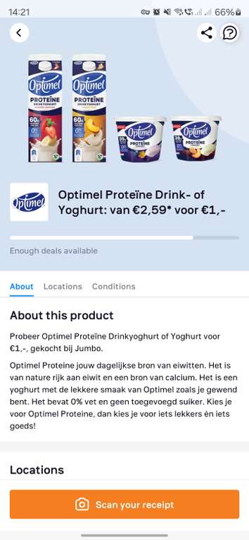 Optimel proteine drink of yohurt van 2,59 (persoonlijke deal?) voor 1 via scoupy