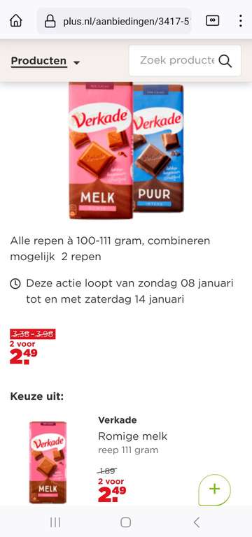 Verkade chocolade repen 2 voor €2,49