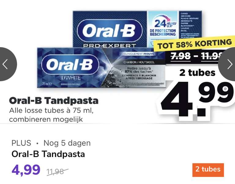 Plus: Oral B tandpasta tot 58% korting bijv: tandvlees glazuur repair van €11,98 voor 4,99