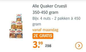 alle Quaker Cruesli 350 - 450 gram; 1+1 gratis!