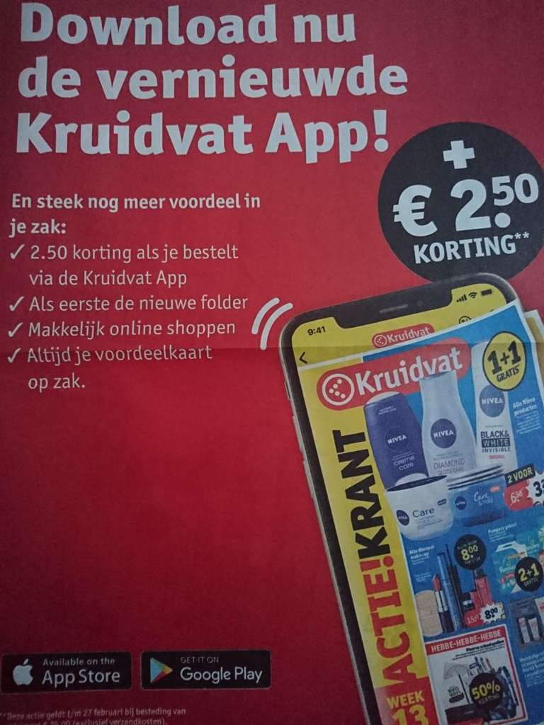 Download Kruidvat App en krijg €2,50 korting bij je bestelling via de app