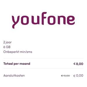 Sim-only: 6GB + onbeperkt bel/sms €8 per maand // 8GB + onbeperkt bel/sms €9 per maand @ Youfone