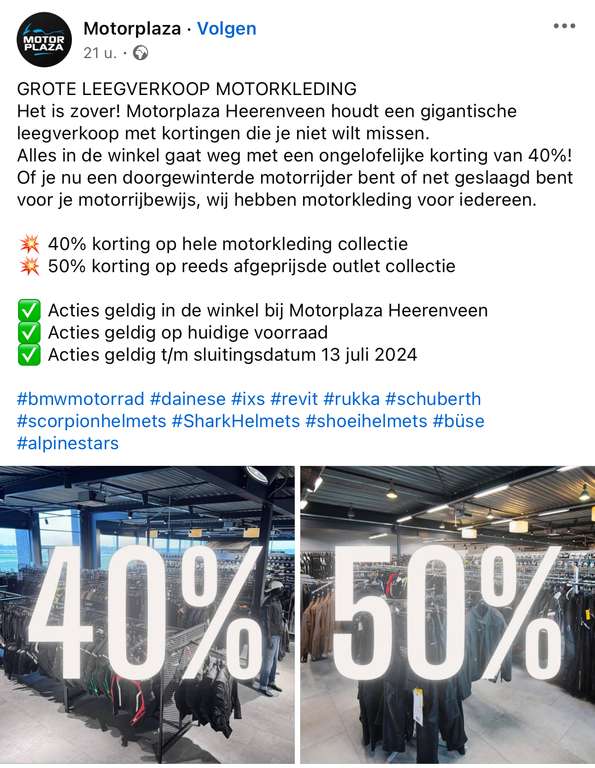 Motorplaza Heerenveen alle motorkleding 40% tot 50% korting