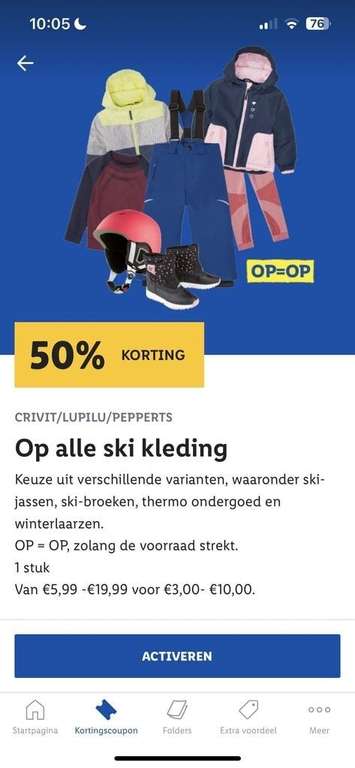 50% korting op skikleding Lidl met Lidl plus app