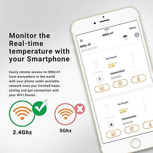 INKBIRD WiFi Vleesthermometer BBQ, IBBQ-4T BBQ Thermometer met 4 Probes, 2000mAh