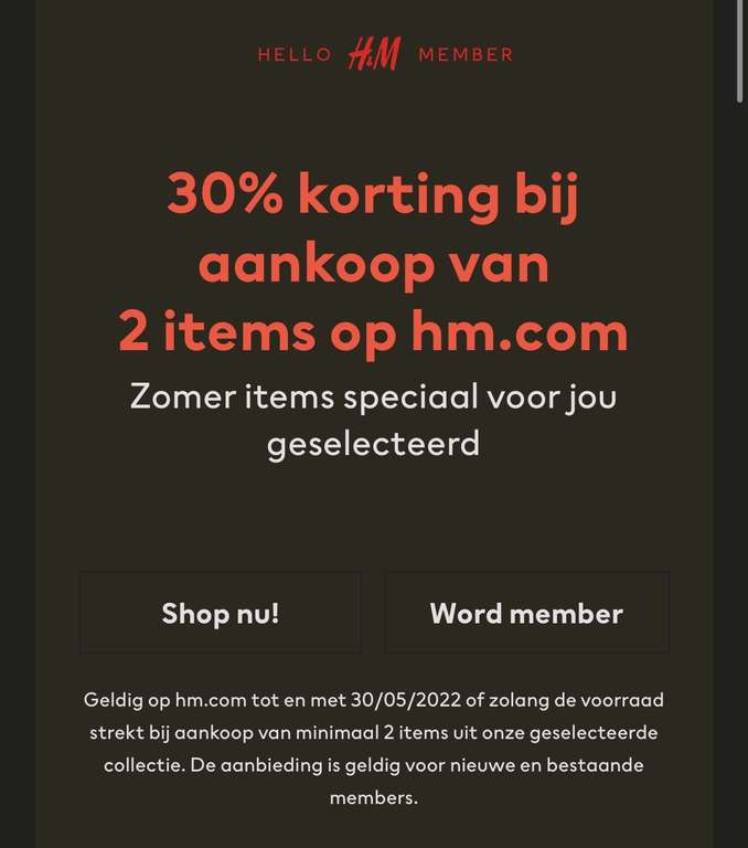 30% korting bij aankoop van 2 items bij H&M