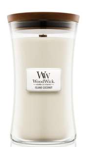 Woodwick Large Island Coconut, wood smoke, stone washed, sweet lime of exotic spices