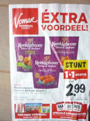 Vomar: Kwekkeboom oven & airfryer Snacks 1 + 1 gratis, alle soorten ook Vega
