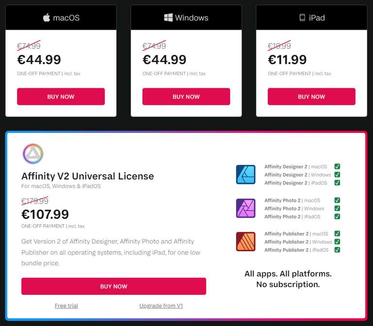 Affinity: 40% korting op alles (Windows, macOS, iPadOS) & bv. Affinity Photo 2 voor € 45 in plaats van € 75
