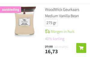 Woodwick kaarsen tot 40% korting bij Plein | Bijvoorbeeld Geurkaars Medium 275gr. Vanilla voor €16,73