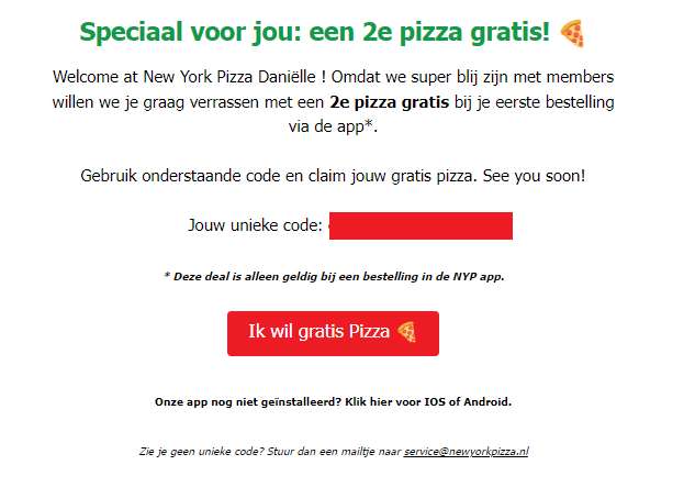 2e pizza gratis bij nieuw account in de New York pizza app
