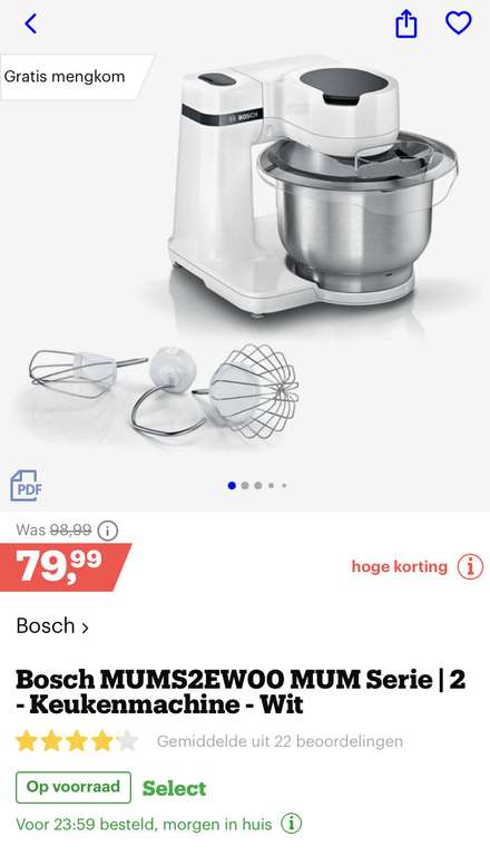 [bol.com] Bosch MUMS2EW00 MUM Serie | 2 - Keukenmachine - Wit €41,83. Zie omschrijving