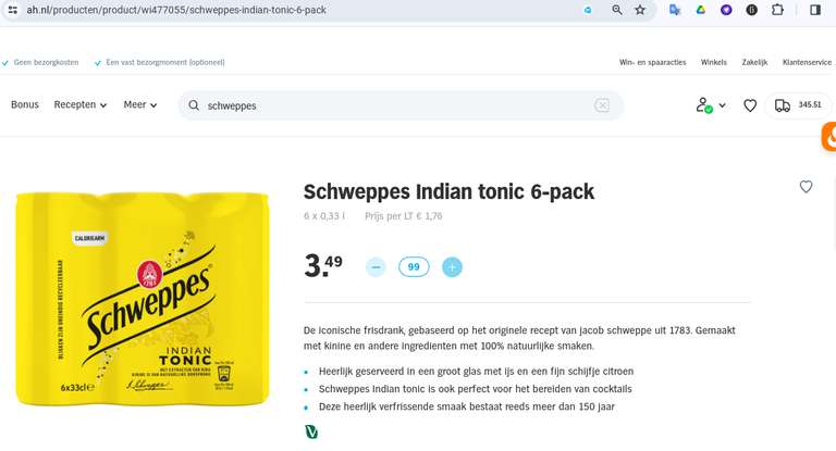 Schweppes Indian tonic 6-pack verkeerde prijs @ AH