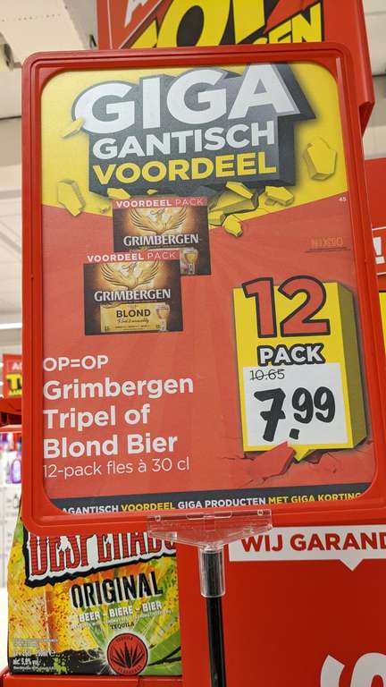 12 flesjes Grimbergen tripel of blond bier voor €8,- bij de Vomar.