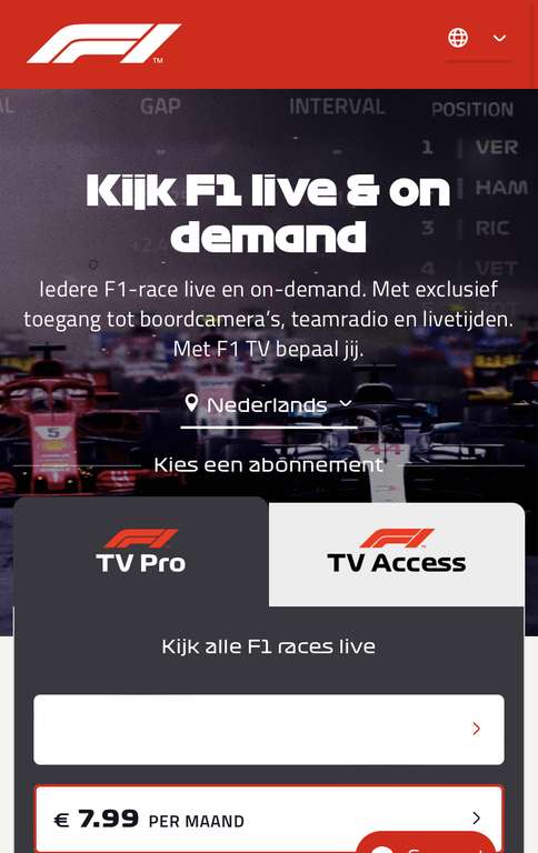 F1 TV Pro 4 races voor €7,99