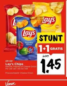 Lay's Chips nu 1 plus 1 gratis bij Vomar, dus 0,725 per zak.