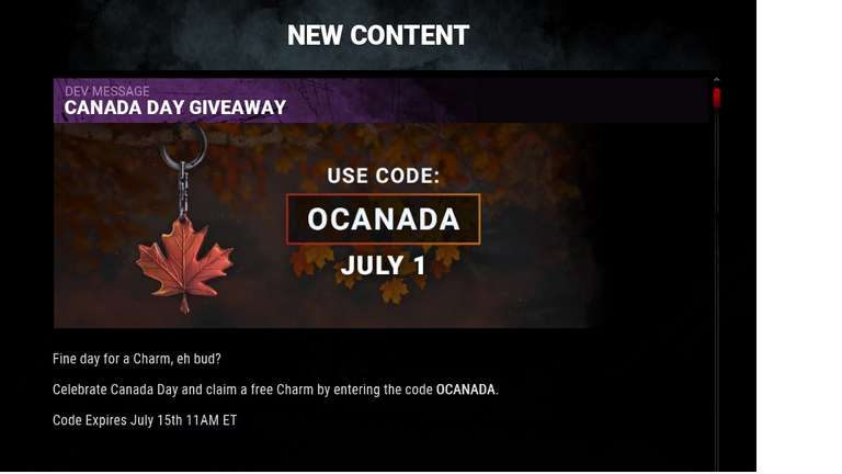 Gratis Canada Charm in Dead by Daylight
