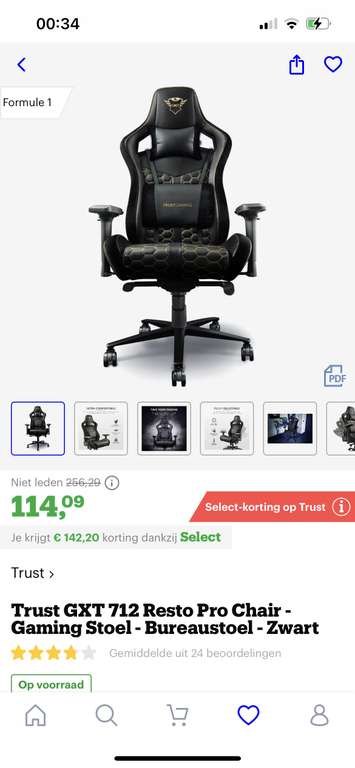 [select deal bol.com] Trust GXT 712 Resto Pro Chair - Gaming Stoel - Bureaustoel - Zwart €114,09