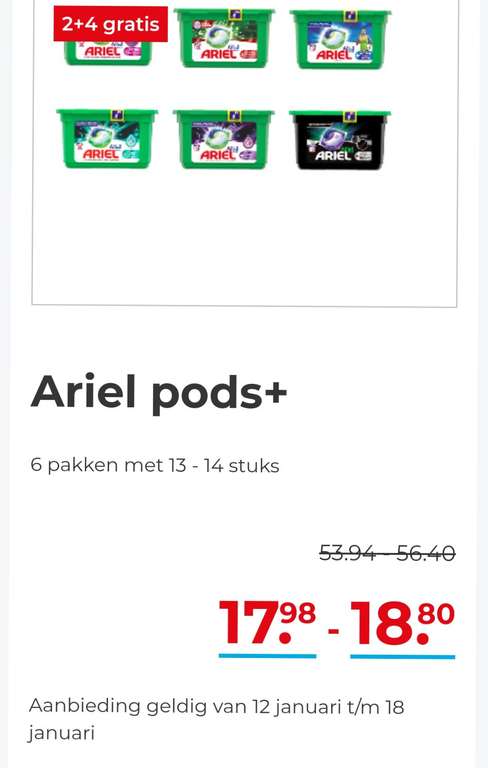 Ariel pods+ 6 pakken met 13 - 14 stuks 2+4 gratis
